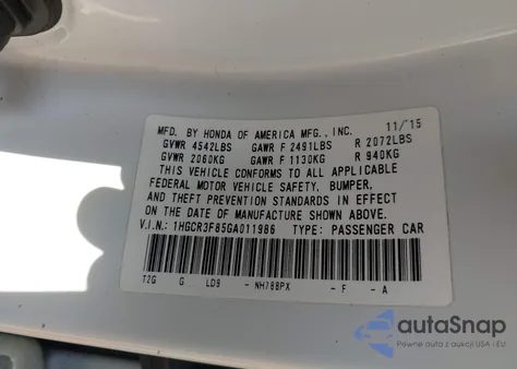 2016 Honda Accord Ex-L V-6 из США, поврежденный, VIN 1HGCR3F85GA011986